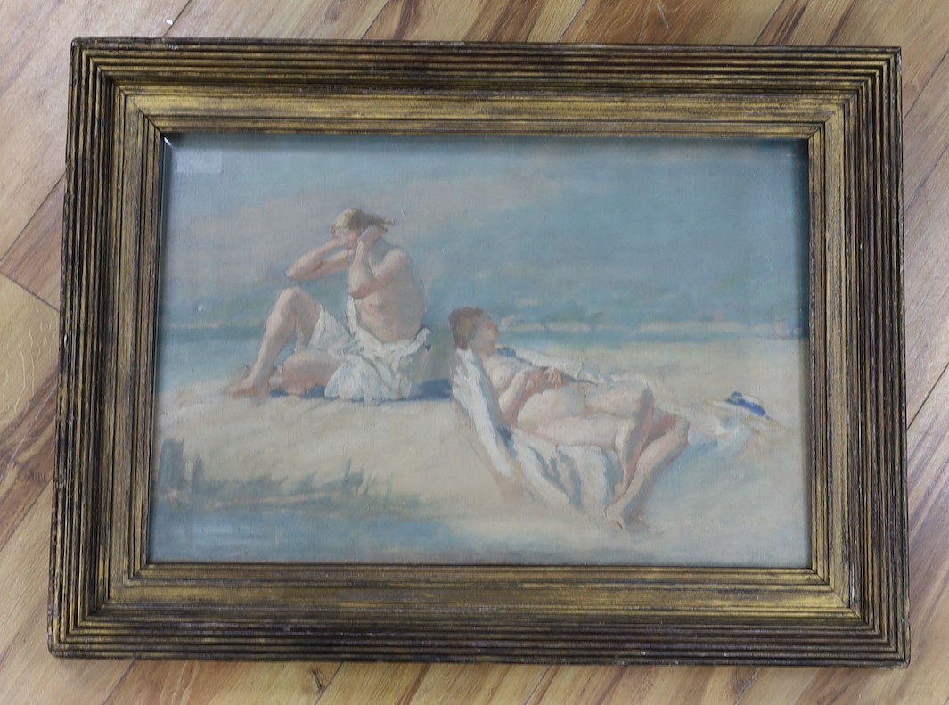 Early 20th century English School, oil on canvas, Female bathers on the shore, 40 x 60cm